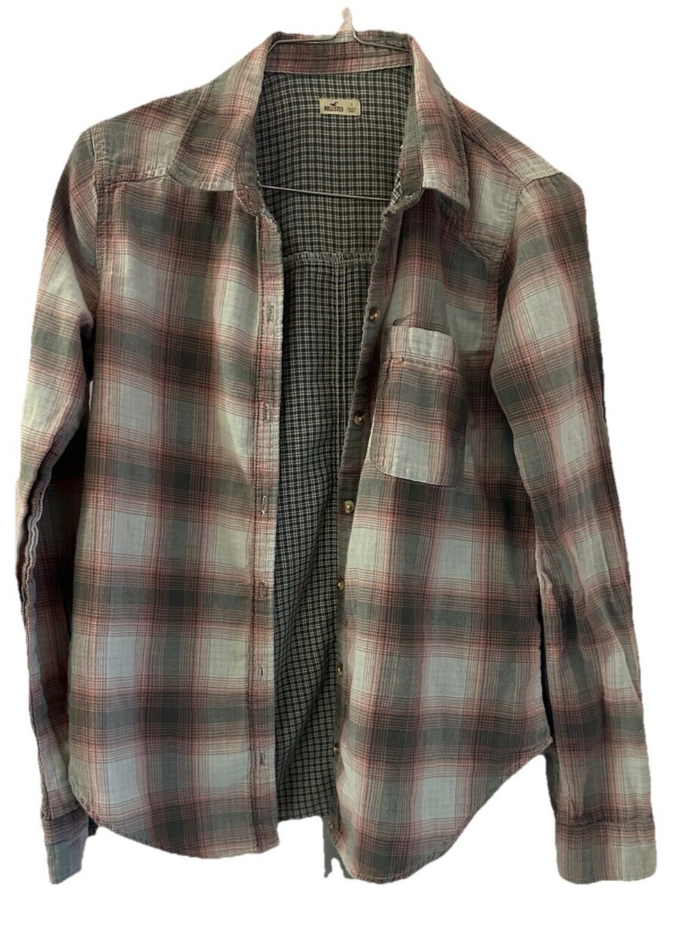 Hollister @ Womans Long Sleeve Shirt Button Down Pink & Gray Plaid @ Size S
